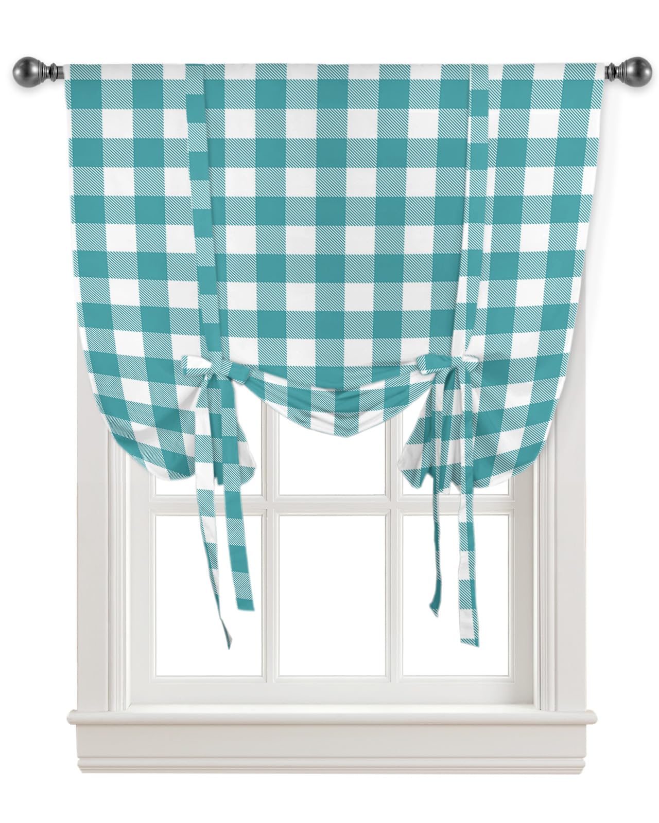 Farmhouse Style Teal Green Buffalo Check Plaid Tie Up Kitchen Curtains - Adjustable Window Shade with Rod Pocket for Small Windows (46