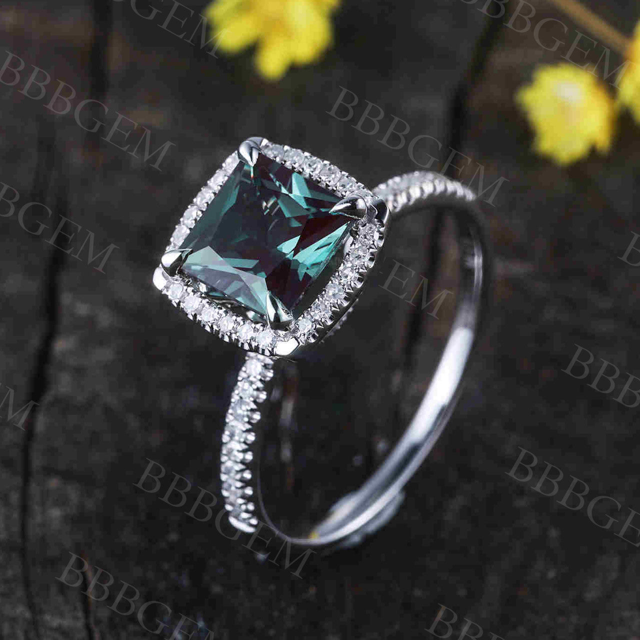 Princess Cut Alexandrite Diamond Engagement Ring - Thin Pave Half Eternity Band (7mm) - Color Changing Gemstone Ring - Art Deco Style - Perfect for Proposals, Anniversaries & Special Occasions