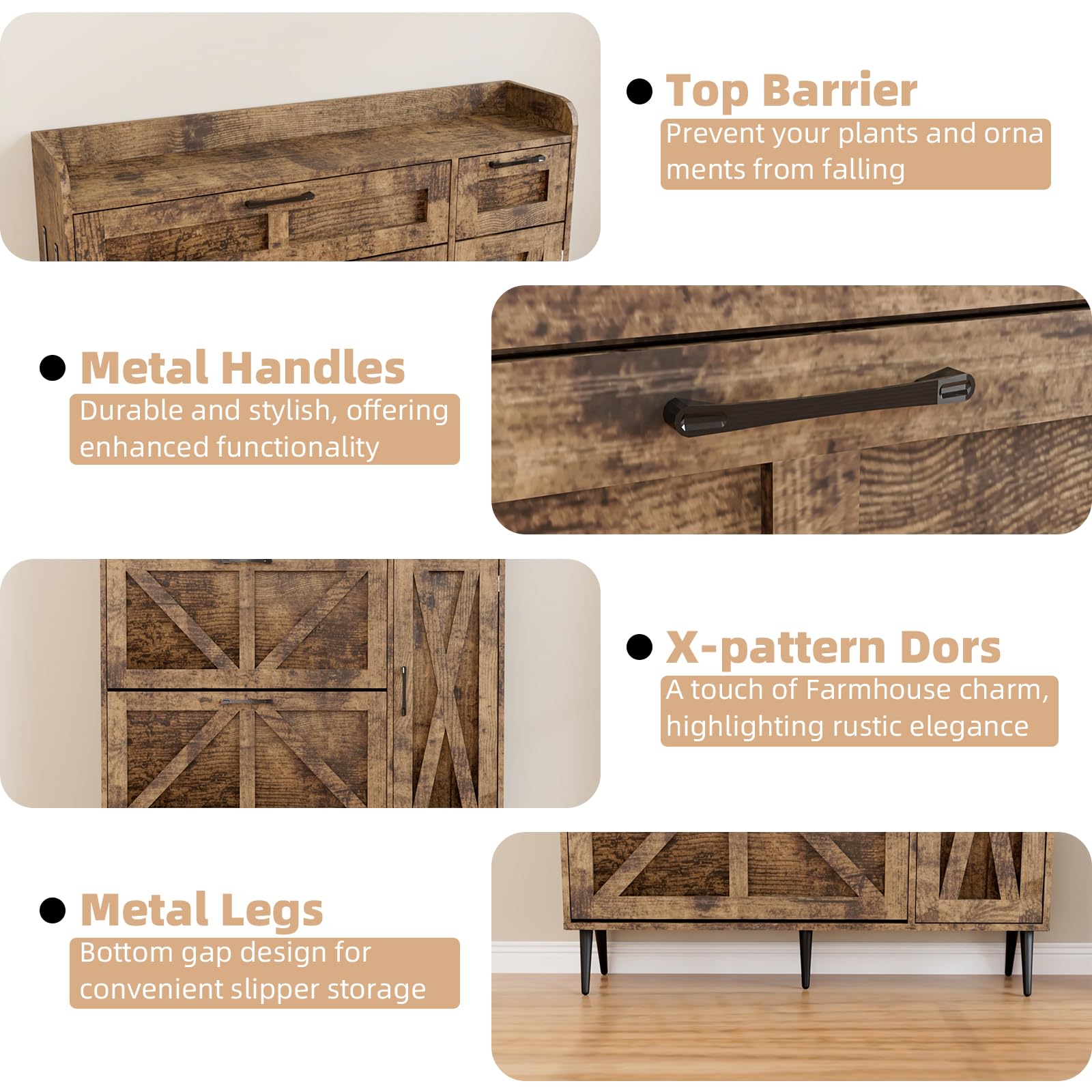 Farmhouse Shoe Storage Cabinet with 2 Flip Drawers & Adjustable Shelf - Rustic Brown Wooden Entryway Organizer with Barn Door & Metal Legs | Perfect for Small Spaces, Hallway, Mudroom & Closet Shoe Organization
