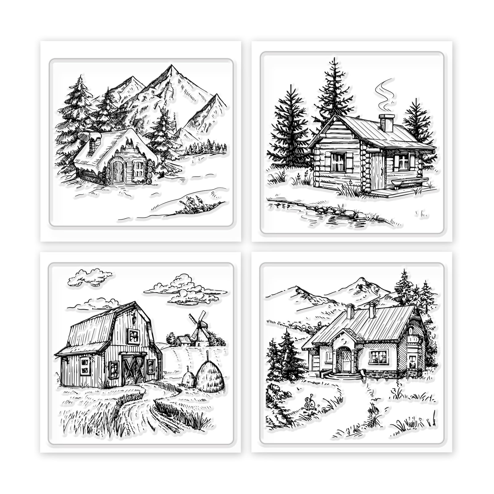 4Pcs Mini Cabin Clear Stamps for DIY Scrapbooking - Farmhouse Landscape Silicone Stamps for Card Making, Photo Albums & Journals - Transparent Rubber Stamps for Home Decoration & Craft Projects (Perfect for Wedding Invitations, Gift Wrapping & Memory Books)