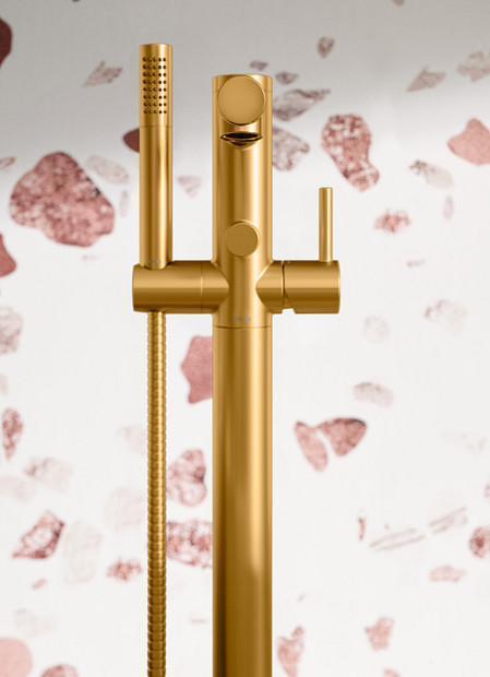 Moen Align Floor Mount Tub Filler in Brushed Gold 395BG - Modern Bathroom Faucet for Freestanding Bathtubs, Luxury Spa & Home Renovation