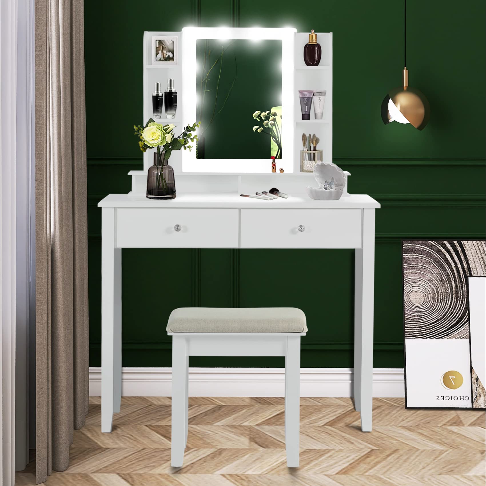 FridayDiscount Vanity Mirror with LED Lights & Table Set - 10 LED Bulbs, 6 Shelves & 2 Drawers - White Dressing Desk with Cushioned Stool for Women & Girls | Perfect for Bedroom, Makeup Room & Dorm Decor