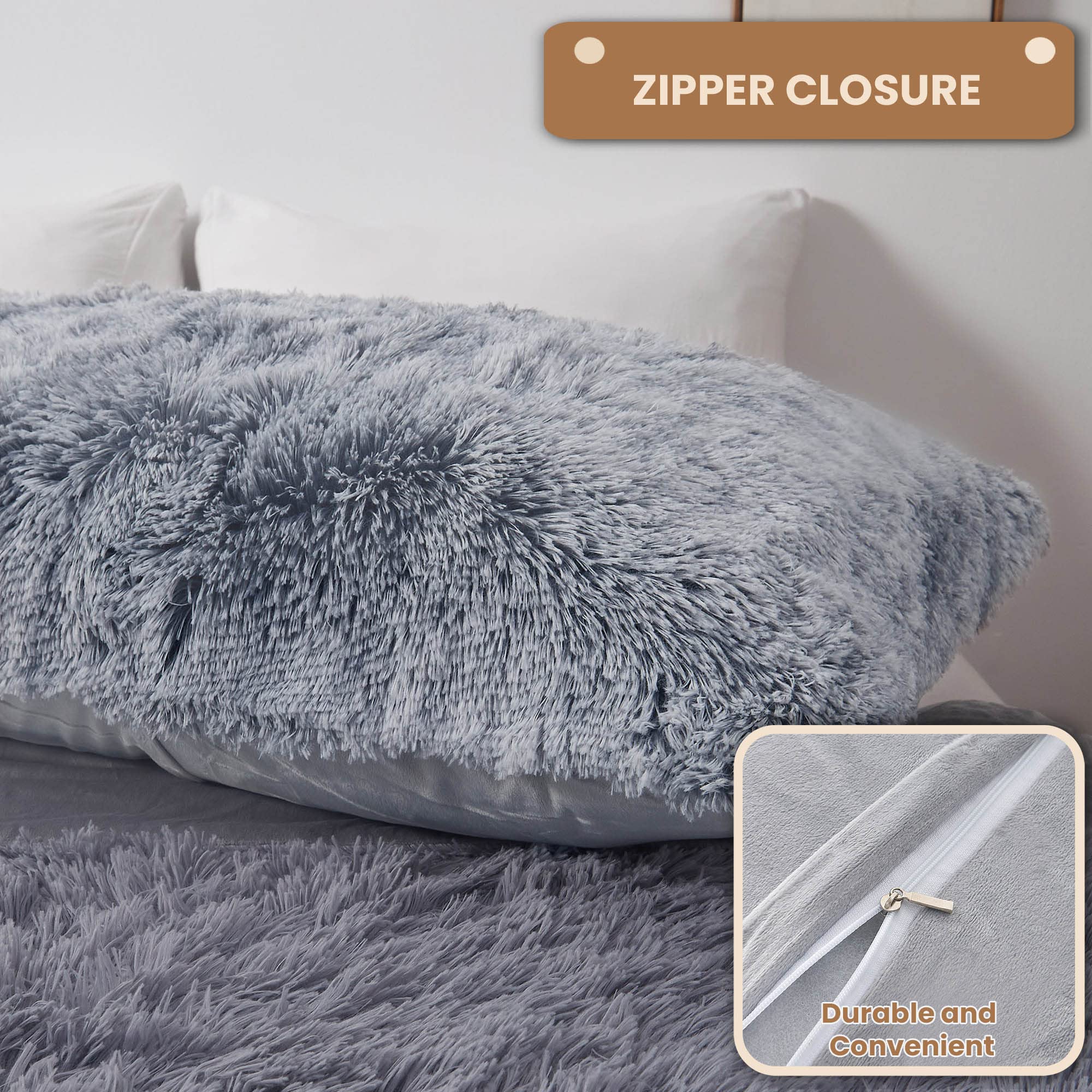 MEGO Shaggy Plush Body Pillow Cover - Light Gray Faux Fur Fluffy Pillowcase 20x54 Inches - Boho Fuzzy Full Body Pillow Case for Bed, Sofa & Home Decor - Soft Rectangular Long Big Pillow Sham in Ombre Grey - Perfect for Lounging, Reading & Cozy Home Decor