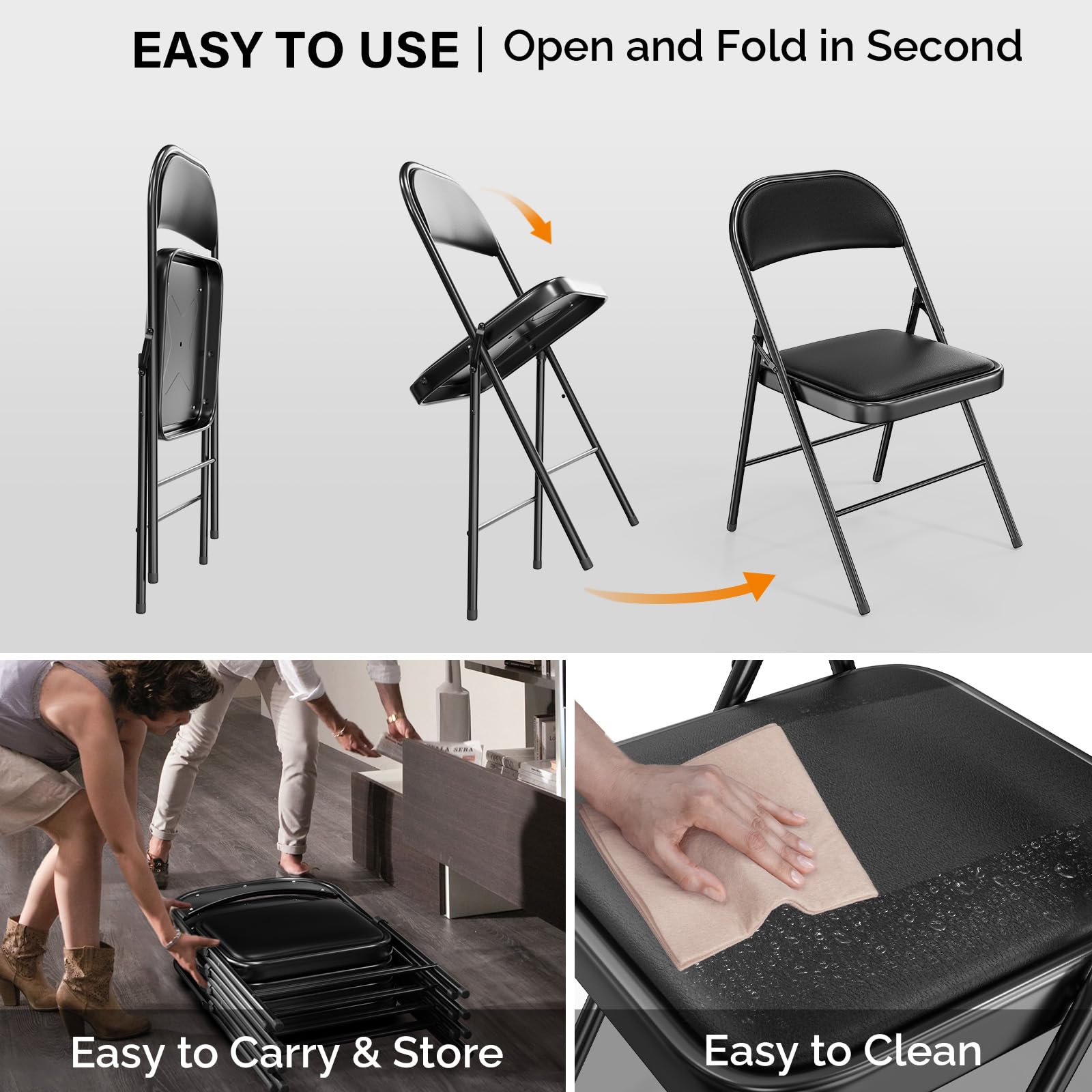 VINGLI 4 Pack Heavy Duty Folding Chairs with Padded Seats - 350 lbs Capacity Metal Frame PU Leather Chairs for Indoor Outdoor Events, Parties, Camping, Picnics - Set of 4 Black