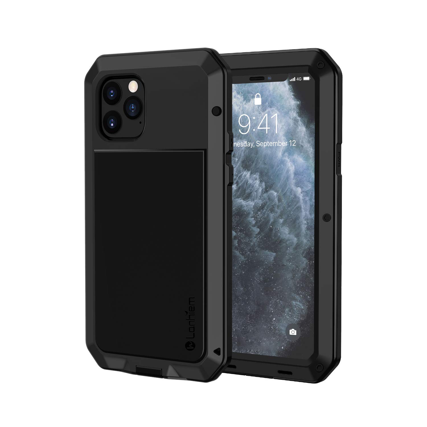 Lanhiem Heavy Duty Shockproof iPhone 11 Pro Max Case - Tough Armor Metal Cover with Built-in Screen Protector | 360° Full Body Protection, Dust Proof Design (Black) | Perfect for Outdoor Activities, Travel & Extreme Sports