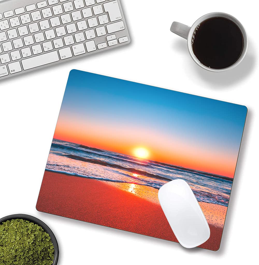 Custom Beach Design Mouse Pad - Non-Slip Rubber Base, Waterproof Square Mousepad for Office & Laptop (9.5