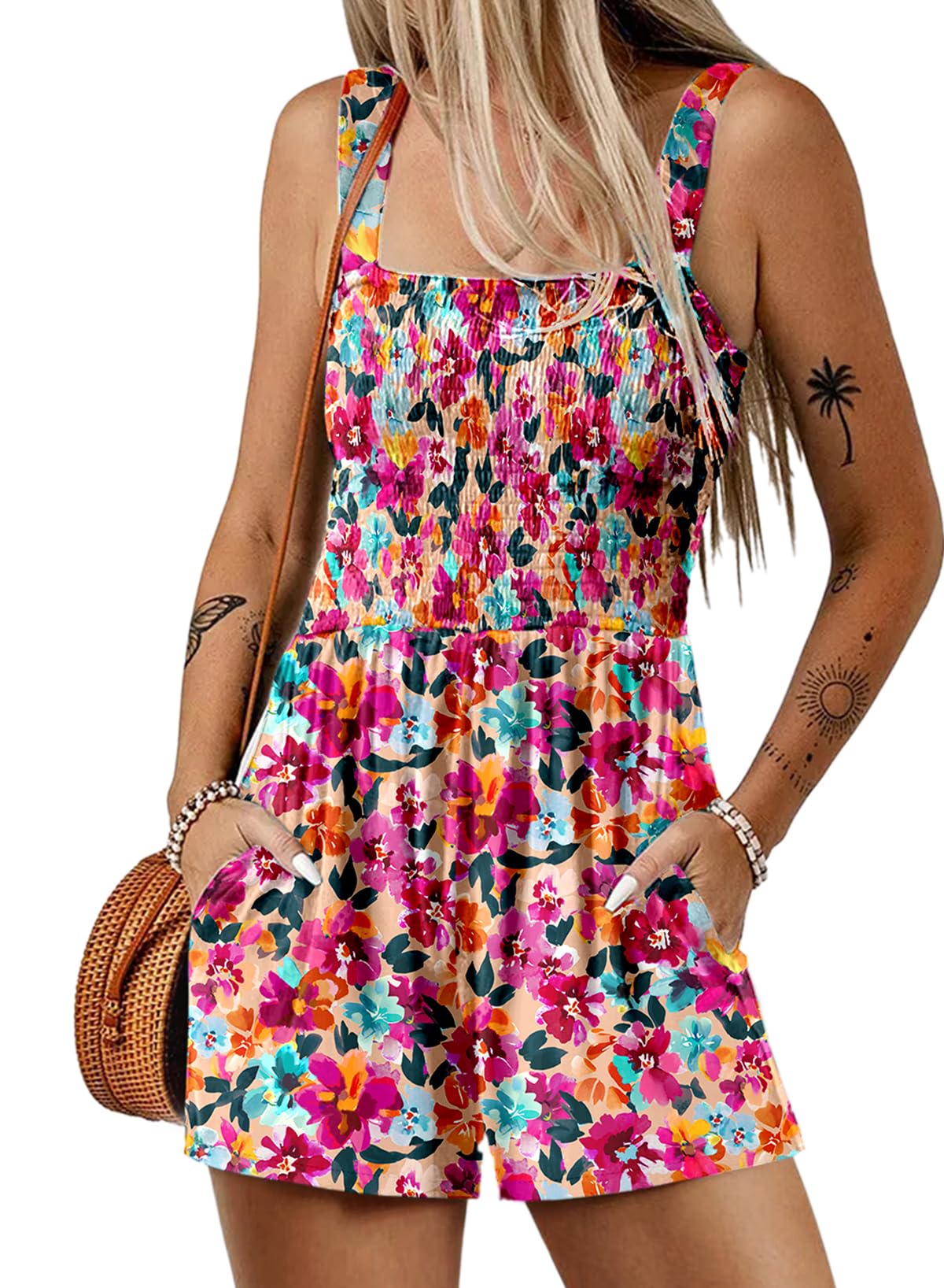 Dokotoo Women's Summer Casual Smocked Romper - Square Neck Sleeveless Loose Short Jumpsuit for Beach Vacation & Outdoor Activities | 2025 Fashion Trend