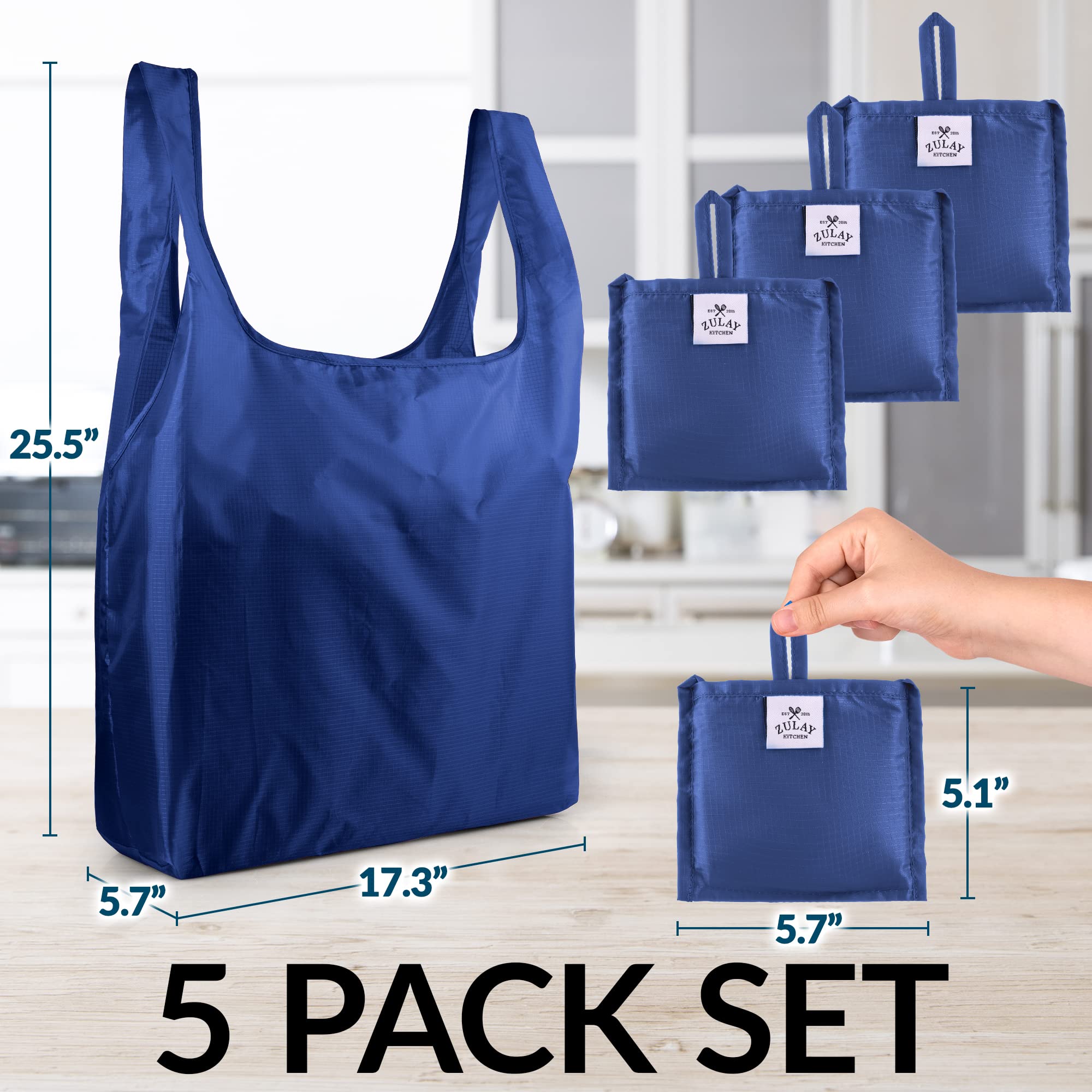 Zulay Kitchen 5-Pack 50LB Heavy Duty Reusable Grocery Bags - Large Foldable Shopping Tote with Reinforced Handles & Drawstring Closure - Durable Machine Washable Eco-Friendly Grocery Bags (Blue) - Perfect for Grocery Shopping, Farmers Market, Beach Trips & Storage