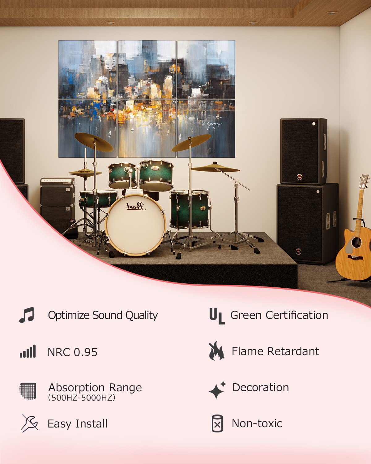 Professional Art Acoustic Panels 72x48x0.4 Inch - Premium Sound Absorbing Wall Panels for Recording Studio & Home Theater - Better Noise Reduction Than Soundproof Foam - Self-Adhesive Acoustic Treatment Panels with Abstract City Design - Perfect for Music Studios, Podcast Rooms & Home Offices