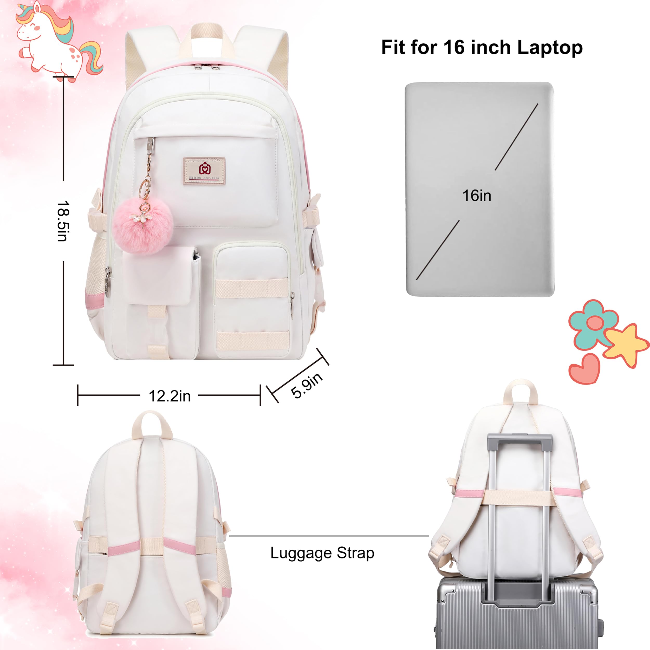 Stylish Anti-Theft Laptop Backpack for Women & Girls - 15.6 Inch Cute College Bookbag with USB Charging Port, Durable School Backpack for Teens, Elementary Students - Perfect for School, Travel & Daily Use (Beige)