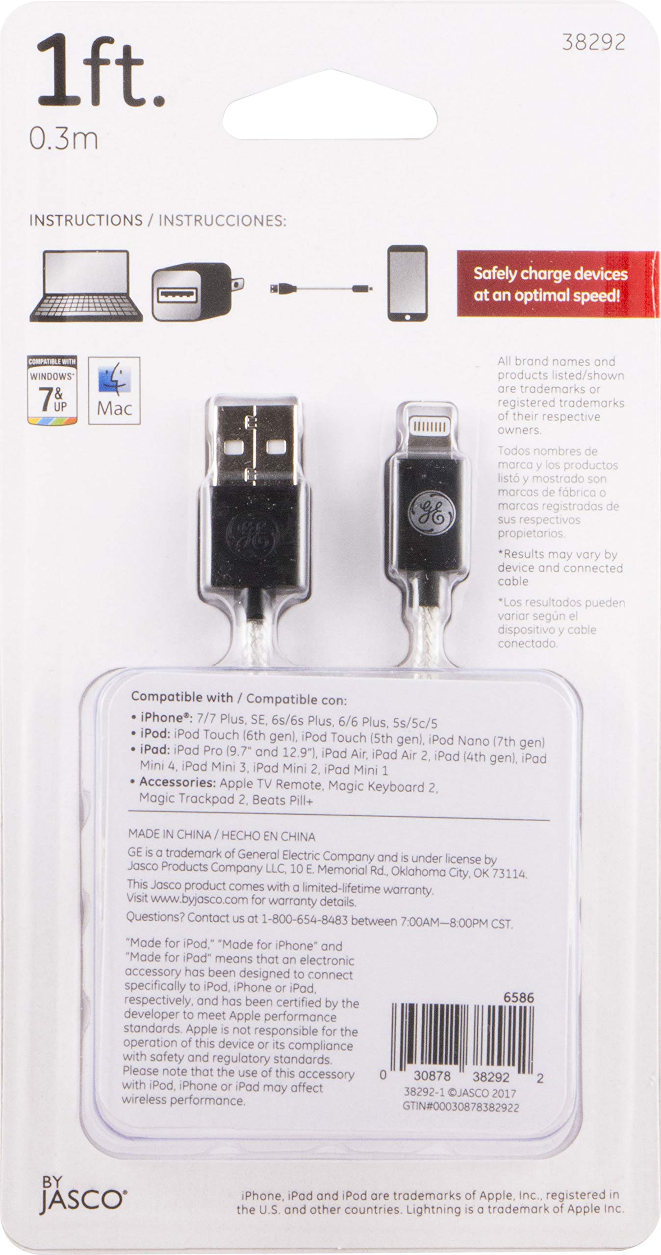 GE Pro 1ft Lightning to USB Charging Cable - MFi Certified for iPhone 12/11/Pro/Max/XS/XR/X/8, iPad, iPad Mini, iPad Air (Model 38292) - Fast Charging & Data Sync for Home, Office & Travel