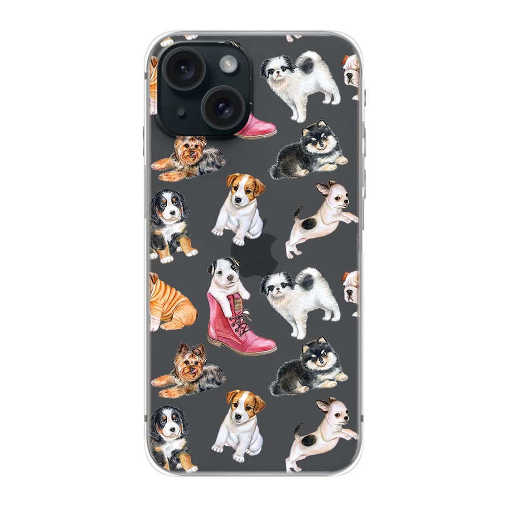 Cute Dog Pattern iPhone 15 Case - Funny Pet Cartoon Design, Soft TPU Clear Protective Cover for 6.1