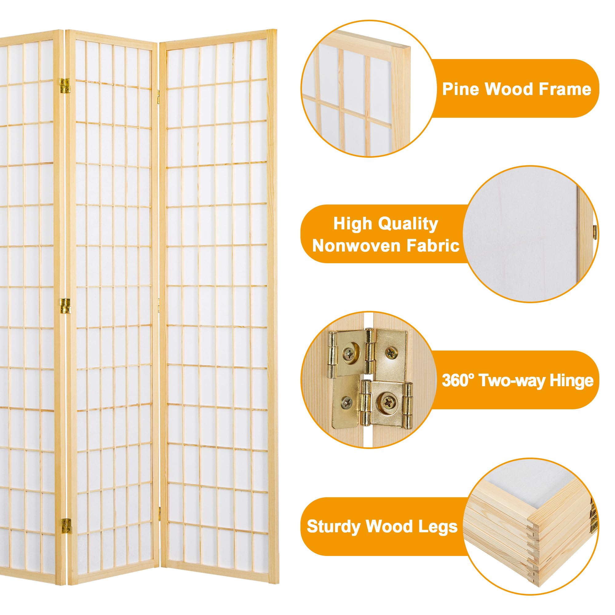 6 Panel Shoji Screen - Japanese Style Folding Room Divider for Privacy - 66.9 Inch Natural Wood Frame - No Assembly Needed - Perfect for Living Room, Bedroom, Office & Meditation Space