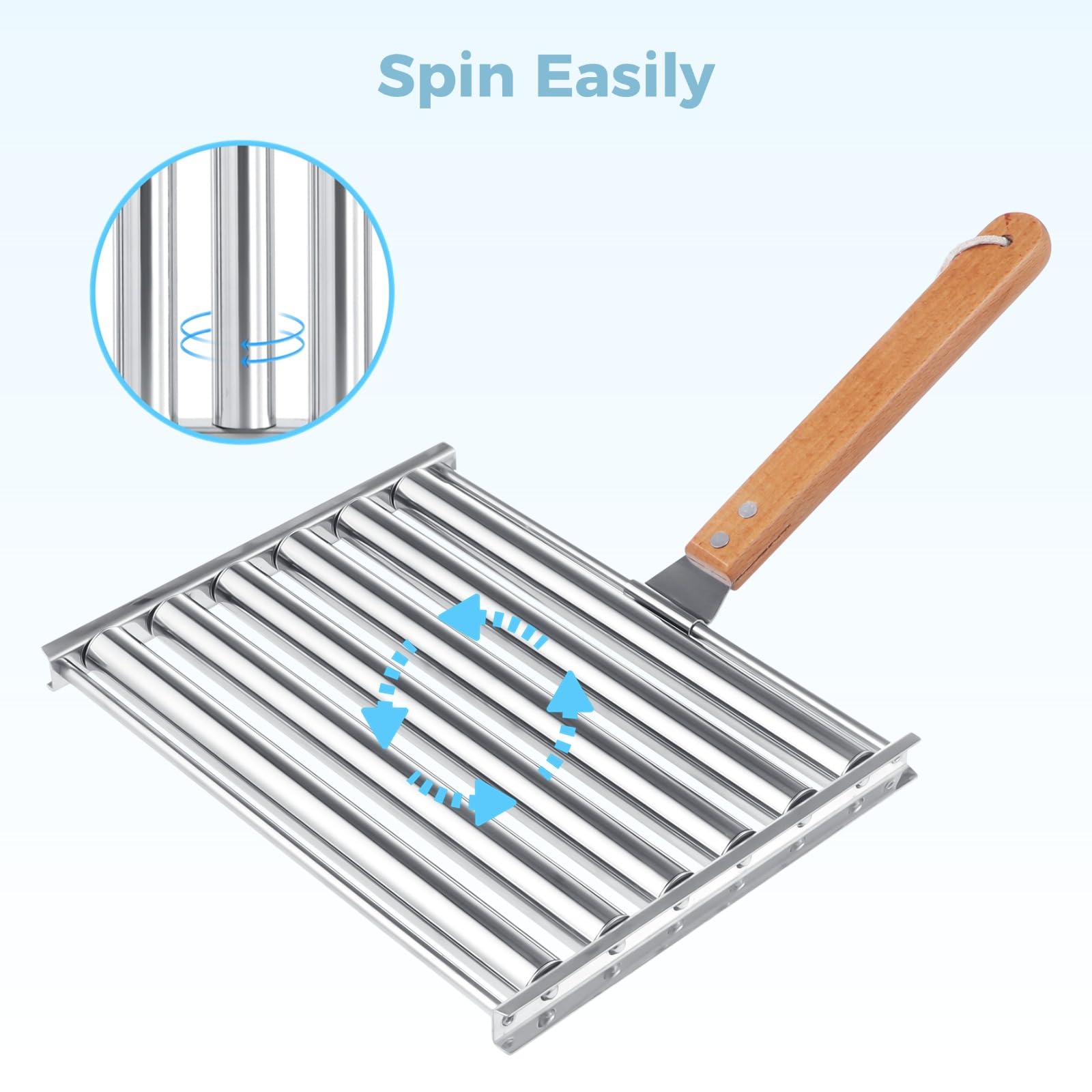 2PCS Stainless Steel Hot Dog Roller Grill with 6PCS BBQ Skewers & Sauce Brush - 9.4 x 7.1 Inch BBQ Sausage Roller Rack with Wood Handle, Perfect for Backyard Grilling, Camping, and Outdoor Barbecue Parties