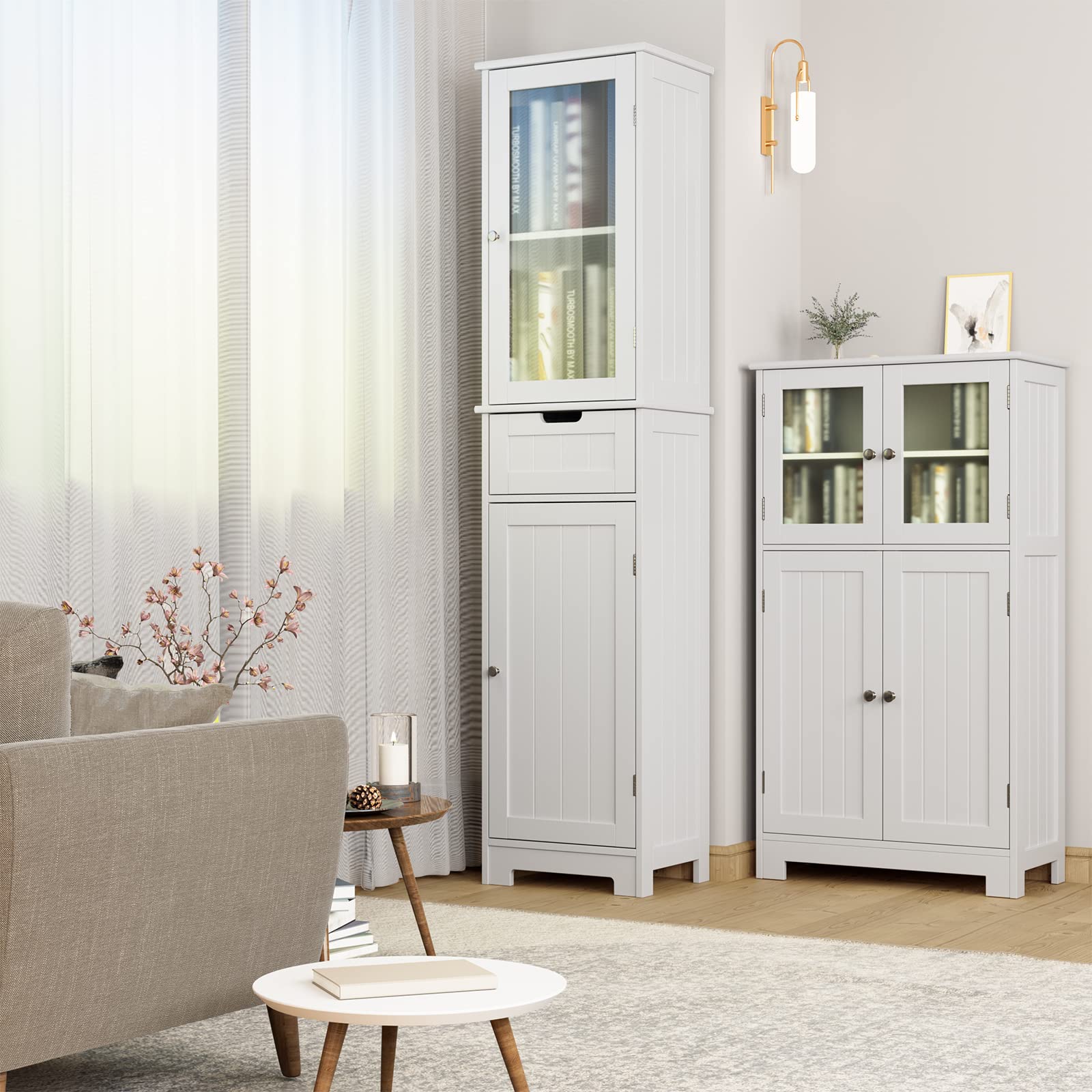 HORSTORS White Bathroom Storage Cabinet - 2 Door & 1 Drawer Freestanding Floor Cabinet with Adjustable Shelves - Tall Narrow Cabinet for Bathroom, Living Room, Home Office - Perfect for Organizing Towels, Toiletries & Office Supplies