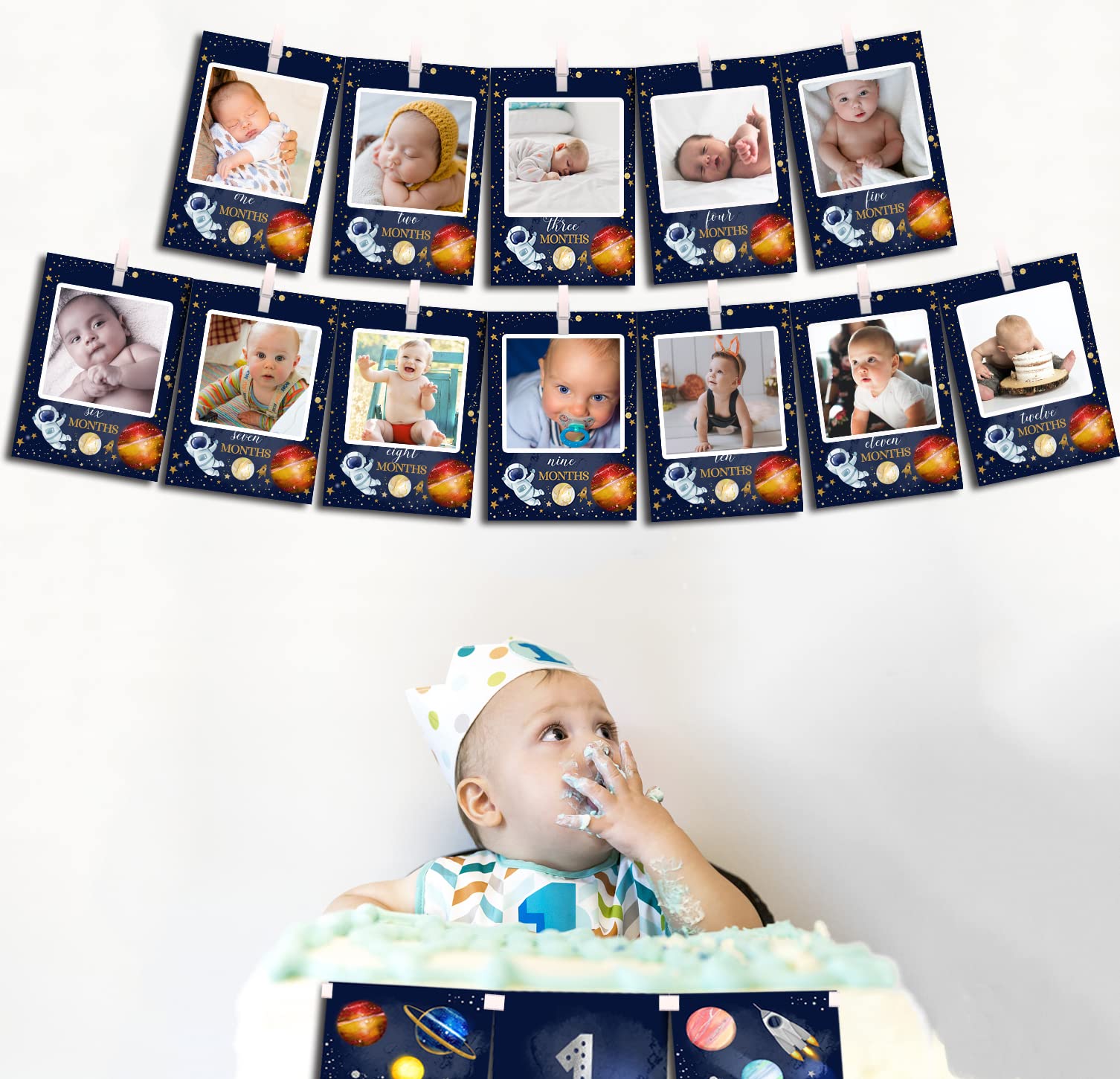 Space Photo Banner & High Chair Banner - First Birthday Party Decorations, Astronaut Theme Birthday Supplies for Baby Shower, Gender Reveal & Space-Themed Events