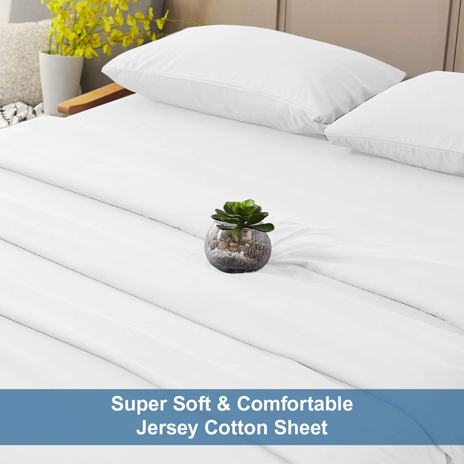 Luxury 100% Cotton Twin Jersey Sheet Set - Ultra Soft T-Shirt Material All Season Bedding - Deep Pocket Fitted Sheet for Comfortable Sleep (3Pc, Twin, White) - Perfect for Guest Rooms, Dorms & Cozy Bedrooms