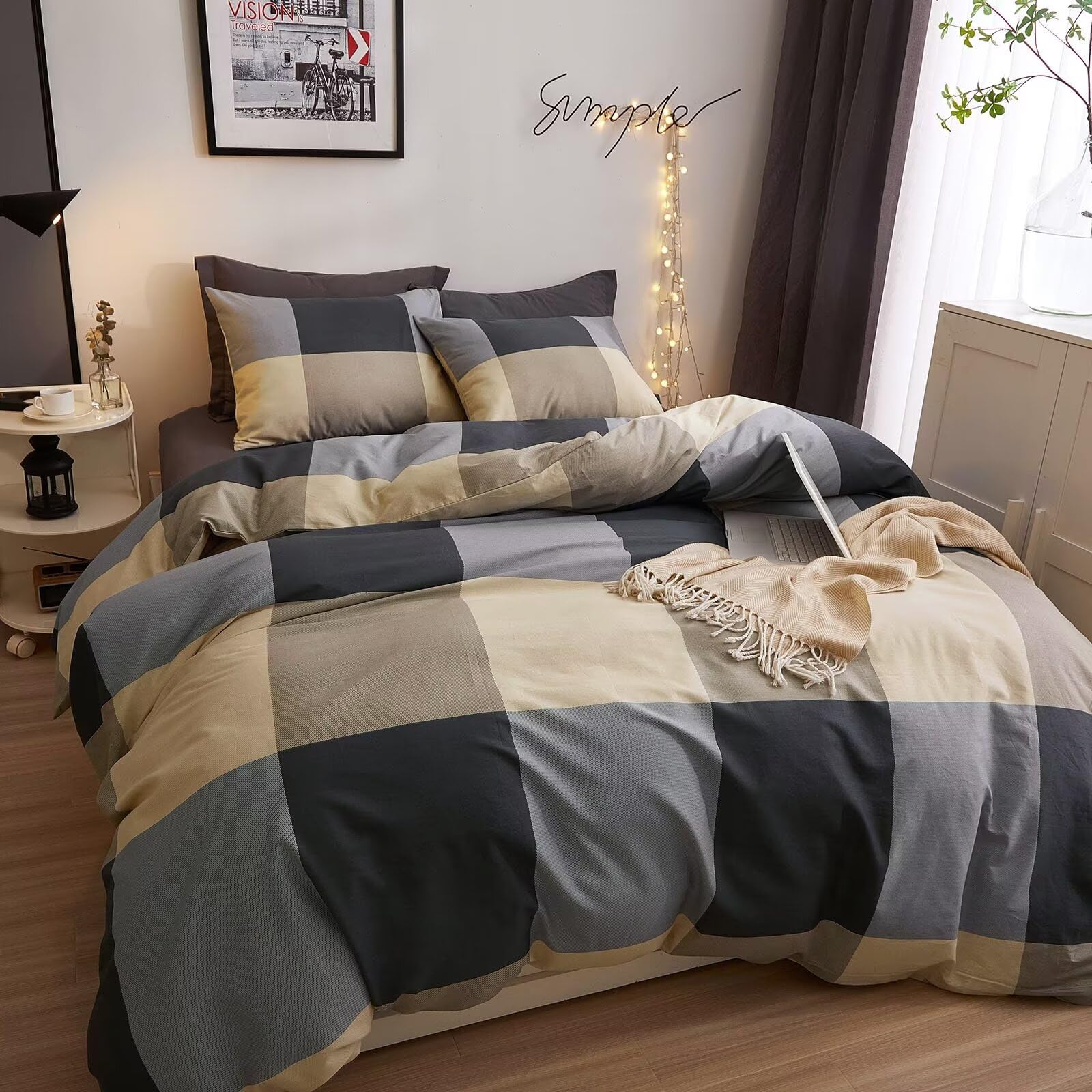 VClife Queen Size Cotton Duvet Cover Set - 3 Piece Modern Geometric Printed Bedding in Beige, Black & Grey | All Season Breathable Duvet Cover with Zipper Closure & Corner Ties | Easy Care for Bedroom, Guest Room & Dorm Decor