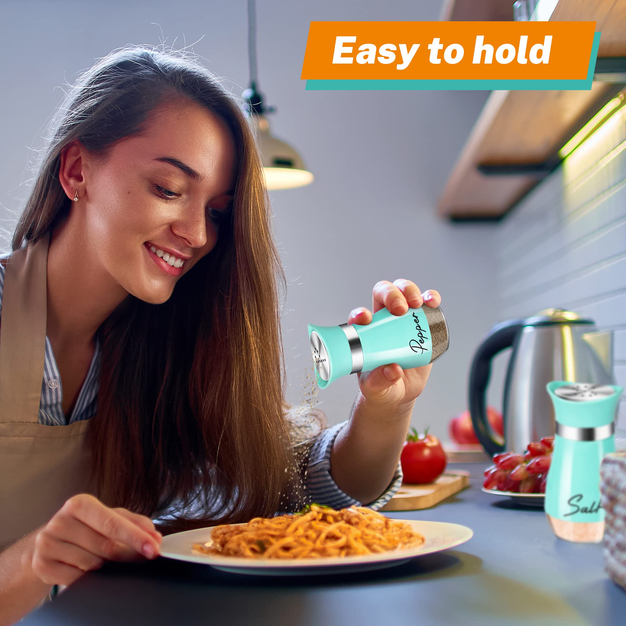 Turquoise Salt and Pepper Shakers Set with Holder - 4 oz Farmhouse Kitchen Decor, Refillable Tabletop Accessories - Perfect for Housewarming Gifts, Christmas Decor & Rustic Dining Table Setting (Teal)
