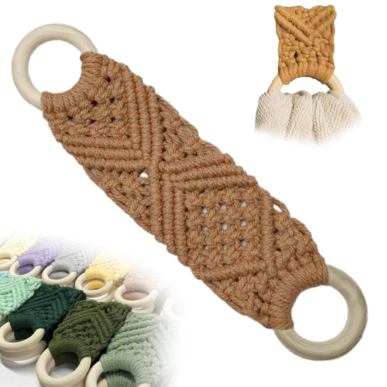 Macrame Kitchen Towel Holder - Handmade Boho Hanging Towel Ring for Dish & Tea Towels | Farmhouse & Rustic Kitchen Decor (Khaki, 2 Pack) - Perfect for Farmhouse, Cottage & Boho Style Kitchens