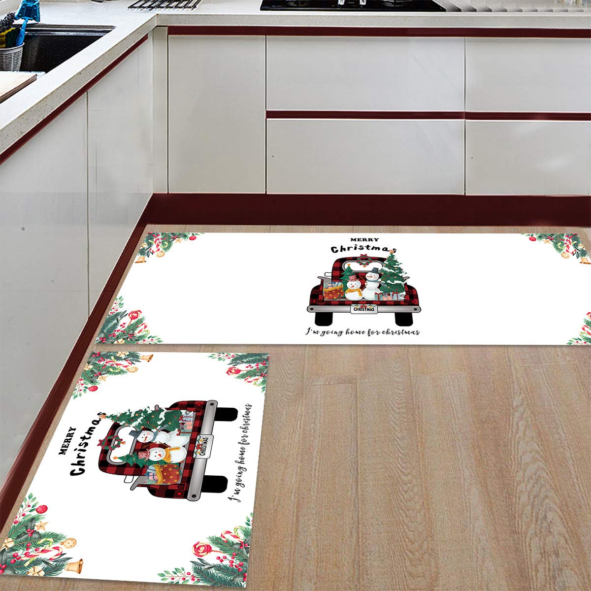 Non-Slip Christmas Kitchen Rugs Set of 2 - Red Truck with Xmas Trees & Snowman Design, Waterproof Cushioned Floor Mats for Kitchen, Living Room & Laundry Room Decor | Perfect Holiday Home Accent & Cozy Winter Gift Idea