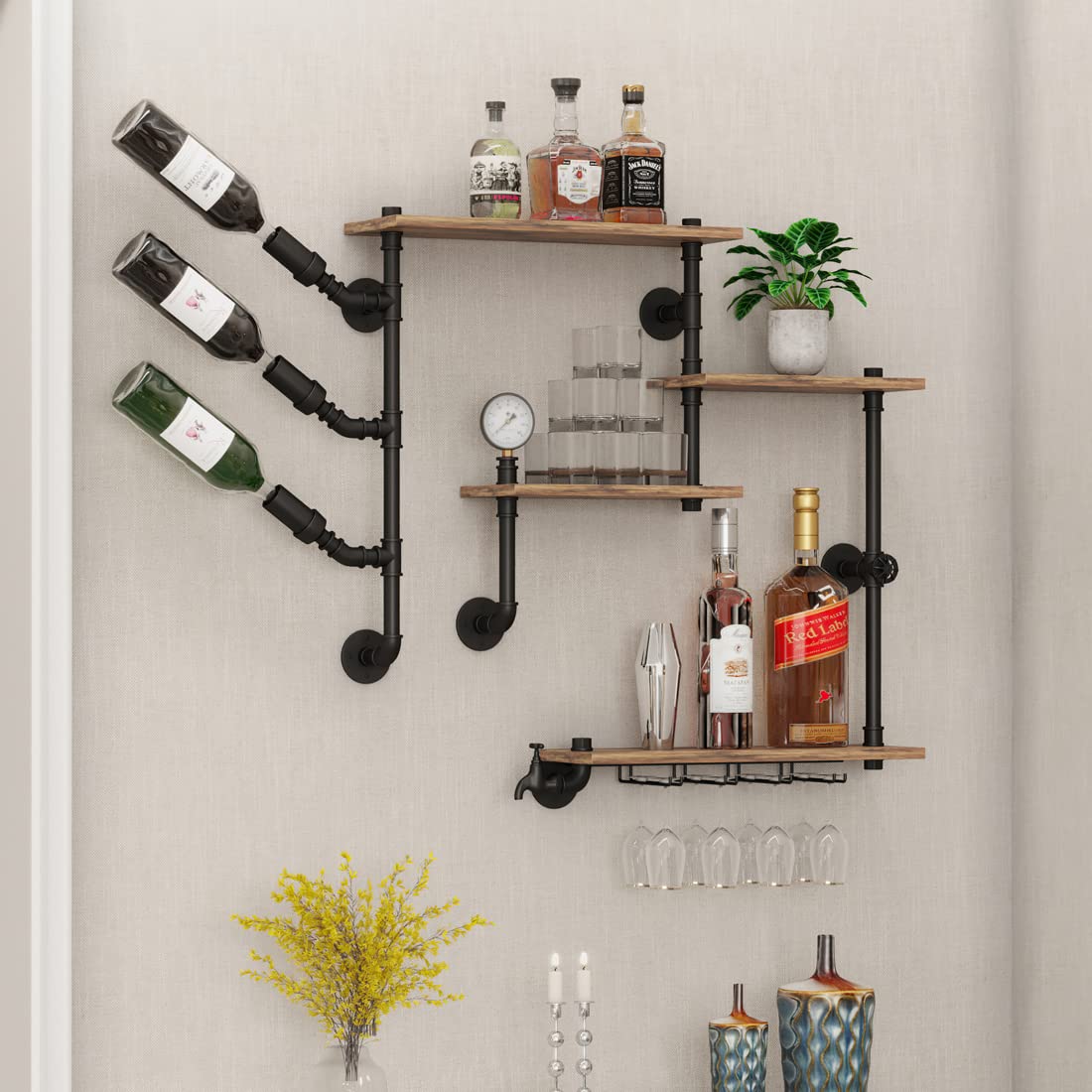 Industrial Pipe Wall Bar Shelves with 4-Tier Rustic Floating Wine Rack & 4 Stem Glass Holders - 42