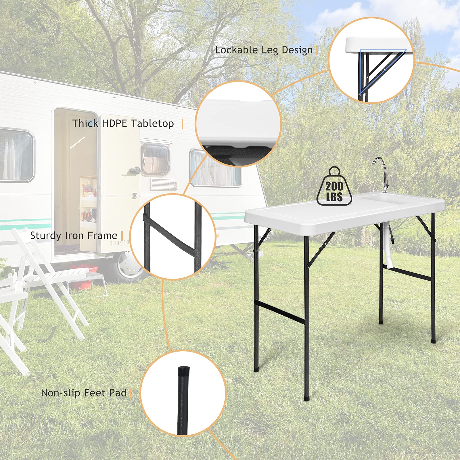 PETSITE Portable Fish Cleaning Table with Faucet - Foldable Outdoor Camping Sink for Picnic, Fishing & Backyard Use - White