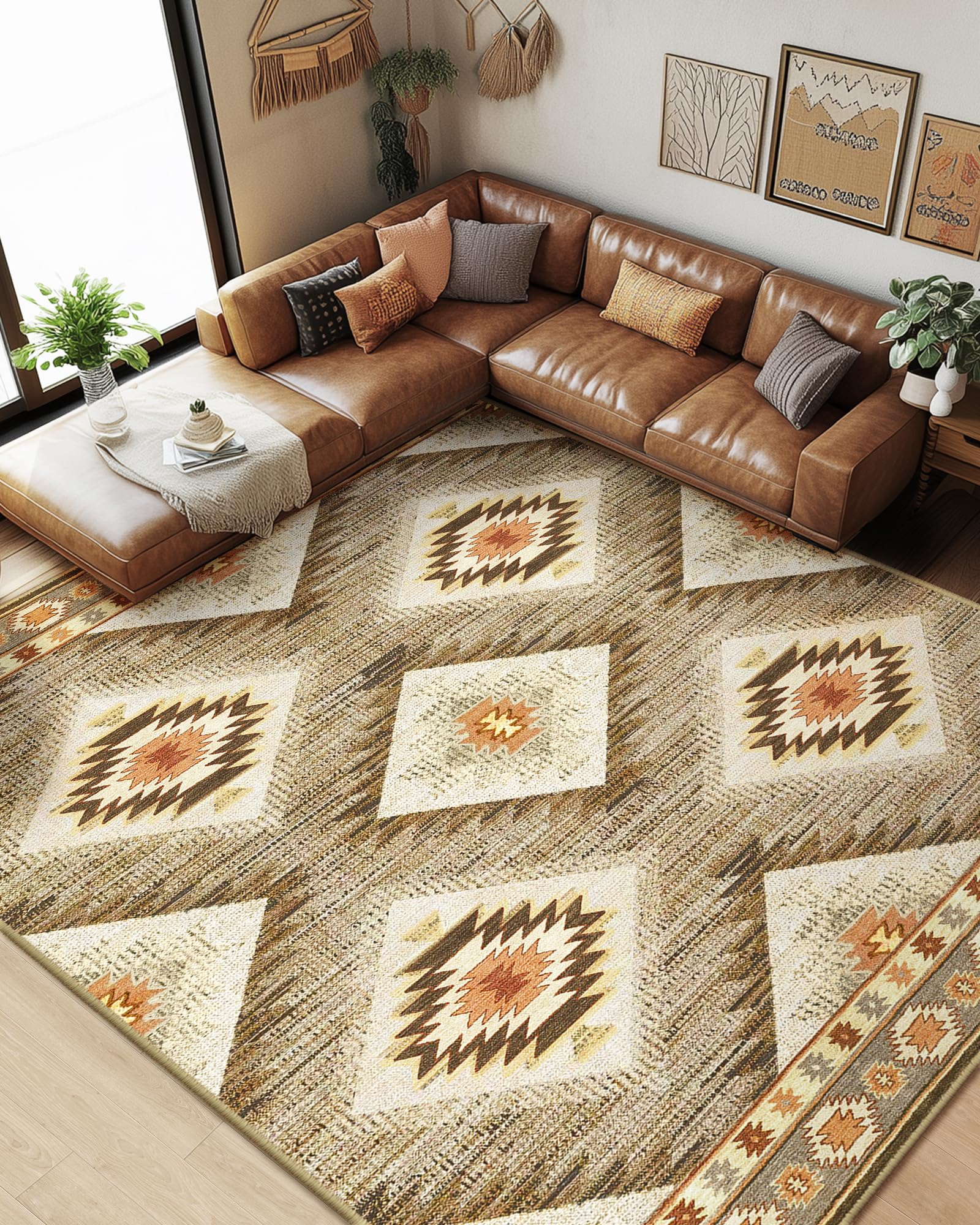 BESTSWEETIE 8x10 Machine Washable Non-Slip Low Pile Area Rug - Western & Aztec Print Pattern for Living Room, Bedroom, Entryway - Cream/Camel - Perfect for Home Decor, Dorm, Office & High Traffic Areas