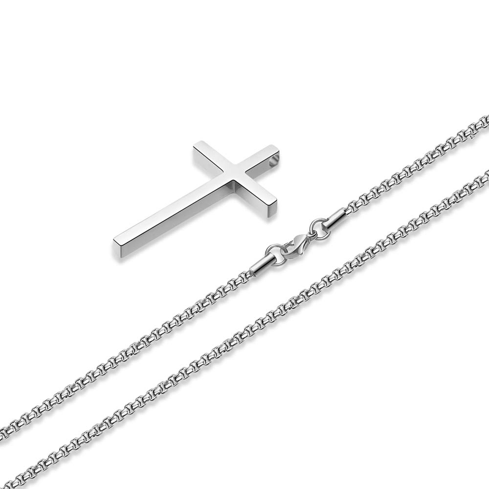 MOOHAM Men's Stainless Steel Cross Pendant Necklace - Silver, Black & Gold Options - Adjustable 16-30 Inch Box Chain - Religious Jewelry for Everyday Wear & Gifts