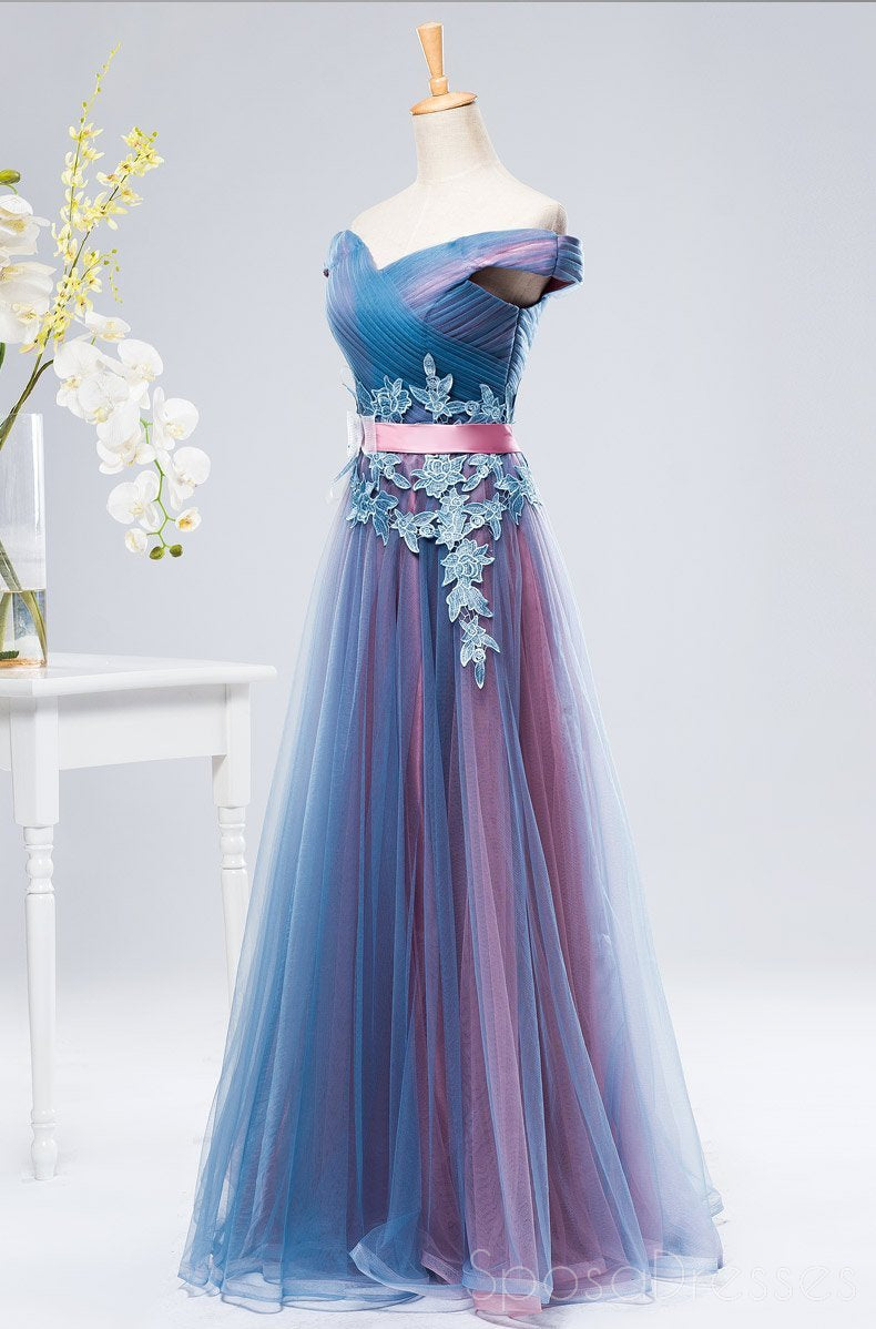 Elegant Off Shoulder Blue & Pink Tulle A-Line Long Evening Prom Dresses for Women - Perfect for Formal Events, Homecoming, and Special Occasions