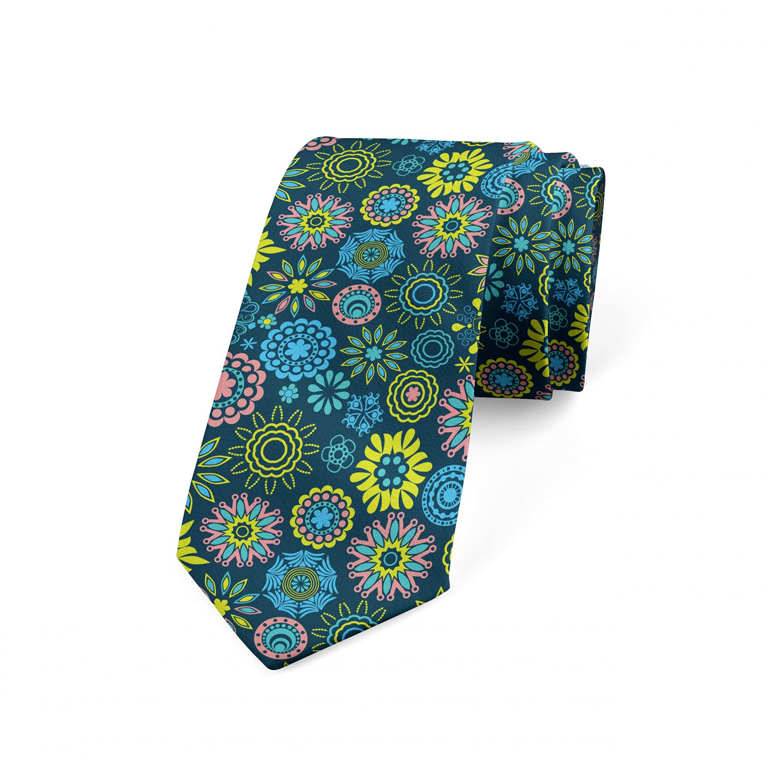 Ambesonne Men's Silk Tie - Elegant Floral Pattern on Dark Teal, 3.7 Inch Wide, Premium Necktie for Business, Wedding & Formal Occasions