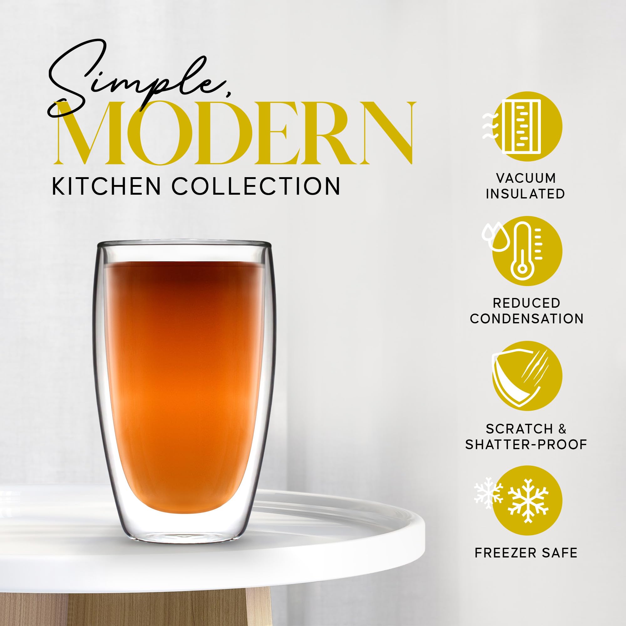 Kitchables 15oz Double Walled Insulated Glass Coffee Mugs Set of 2 - Perfect for Cappuccino, Latte, Tea & Espresso - Ideal for Home, Office & Cafe Use