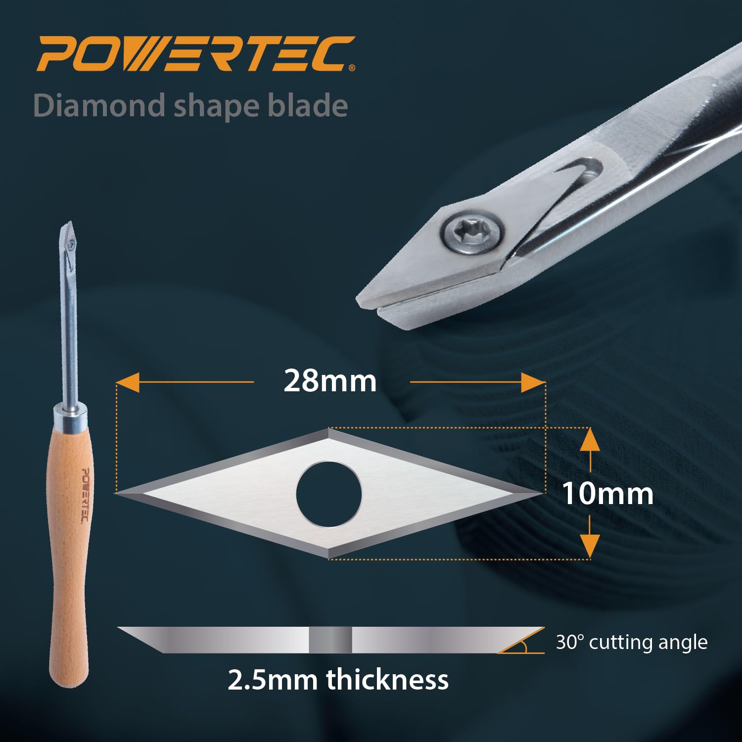 POWERTEC 3-Piece Carbide Wood Lathe Tool Set - Flat Edge Square, Round & Diamond Replaceable Blade Turning Tools with T15 Star Key Wrench | Perfect for Woodturning Projects, Bowl Making & Furniture Crafting