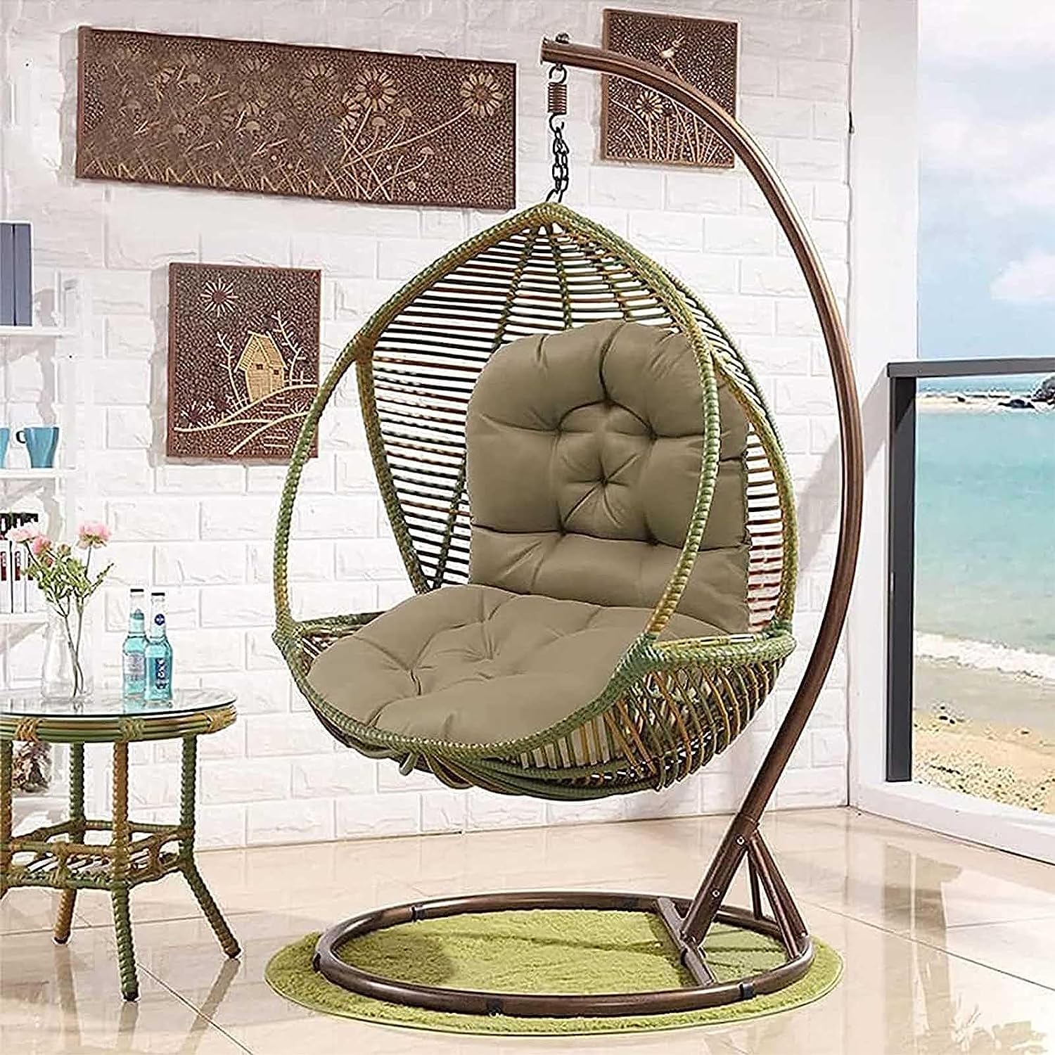 Premium Rattan Swivel Rocker Chair Cushion - Waterproof Outdoor/Indoor Rocking Chair Seat Cushion with Ties - Beige Twill Fabric for Patio, Garden, Hammock & Nursery (Only Cushion) - Perfect for Relaxing, Reading & Lounging
