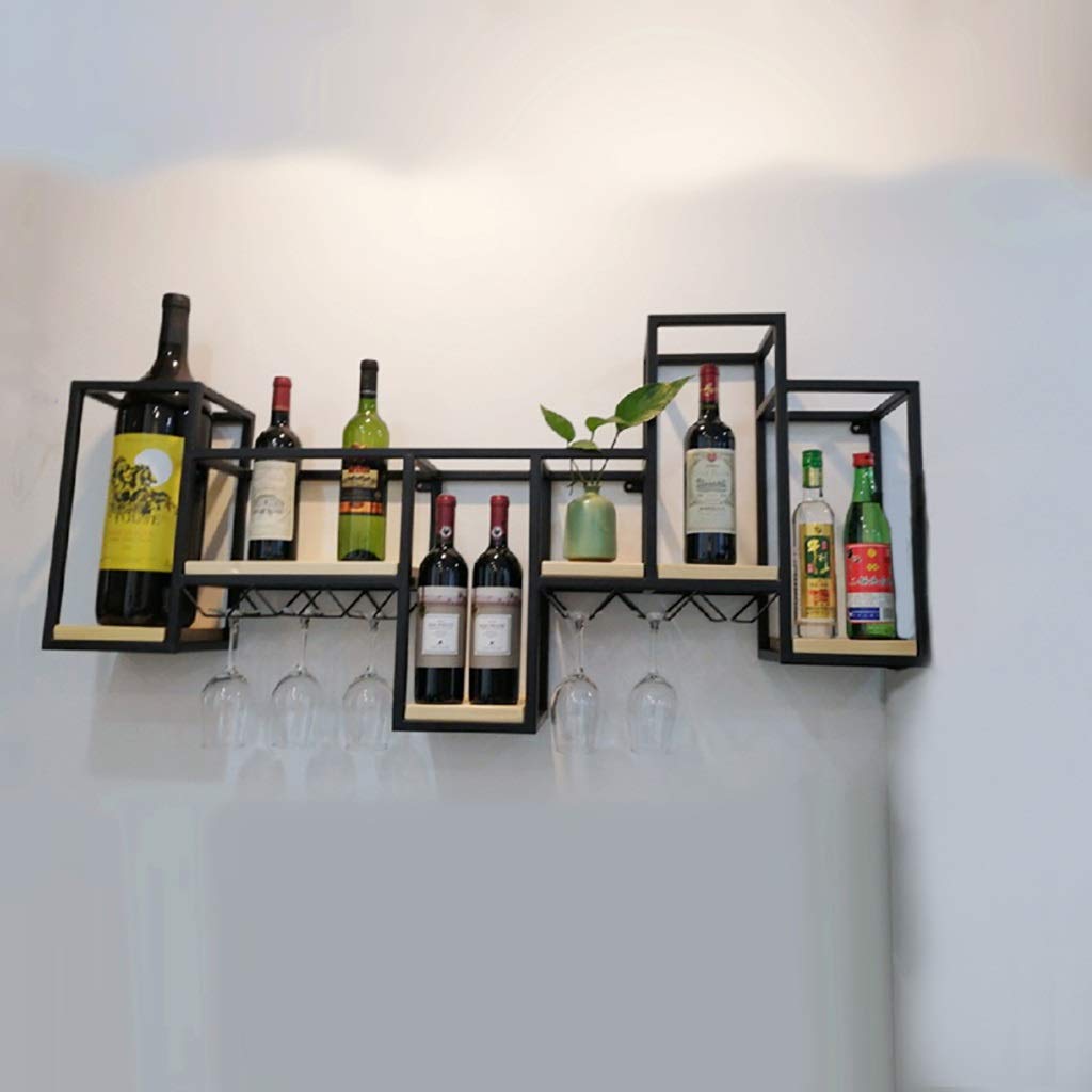 Solid Wood & Wrought Iron Wall-Mounted Wine Rack with Upside Down Glass Holder - Rustic Home Bar Decor for Kitchen, Dining Room or Wine Cellar Organization
