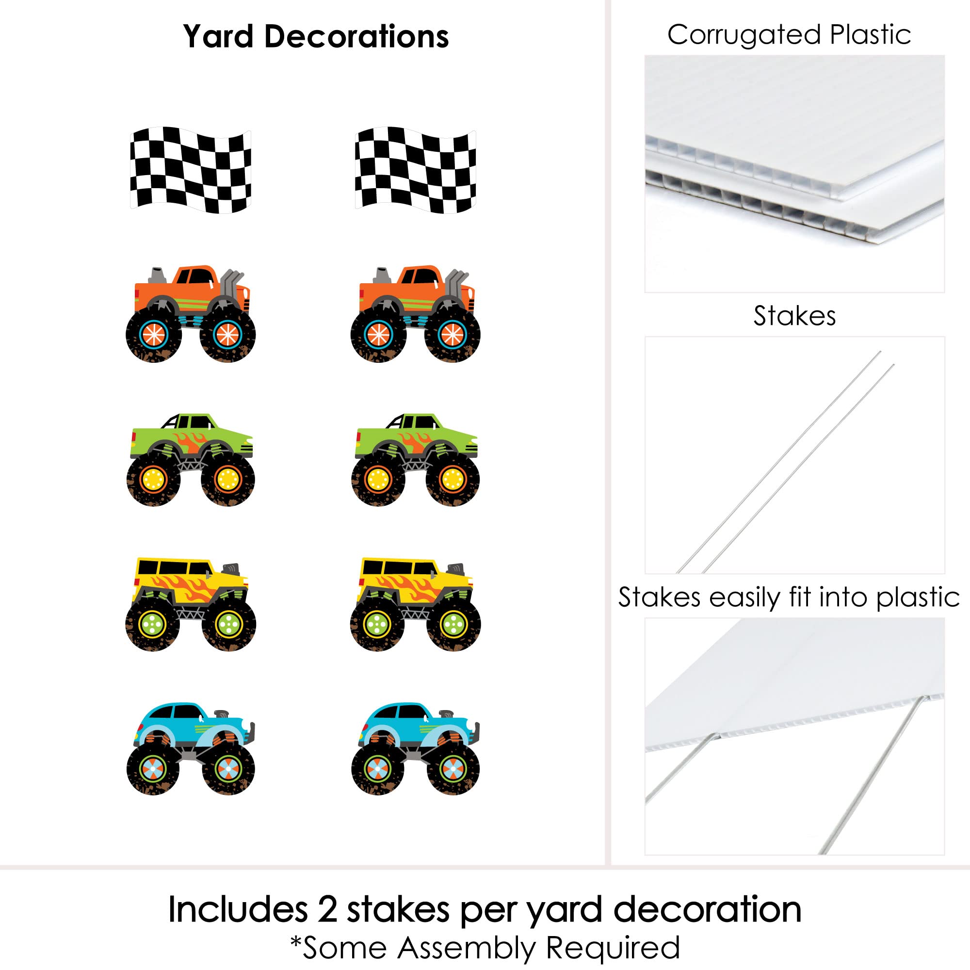 Big Dot of Happiness Smash and Crash Monster Truck Lawn Decorations - 10 Piece Outdoor Birthday Party Decor for Boys - Perfect for Yard Parties, Kids Events & Themed Celebrations