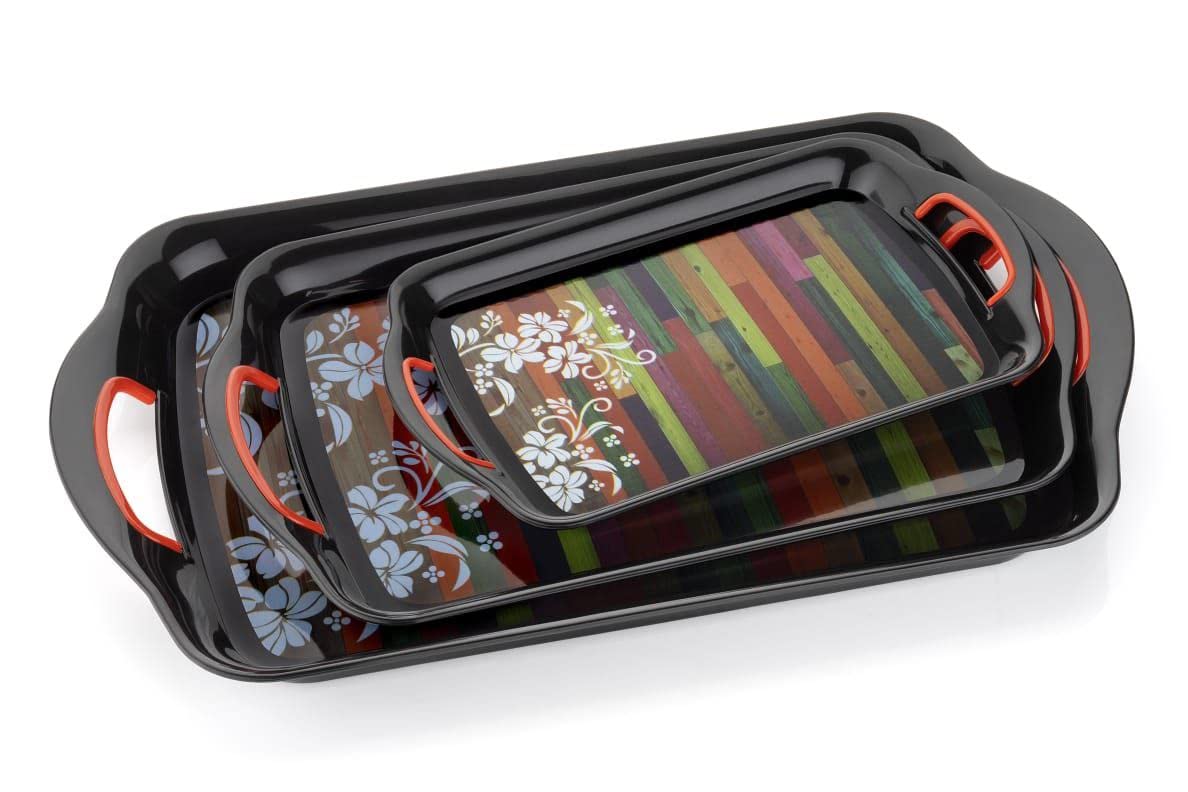 Sajani Rectangular Plastic Serving Tray with Handle - Multipurpose Food Serving Tray for Tea, Snacks, Breakfast, Dinner & Home Decor - Durable & Lightweight - Multicolor (Pack of 3) | Perfect for Parties, Restaurants, Cafes & Everyday Dining Use