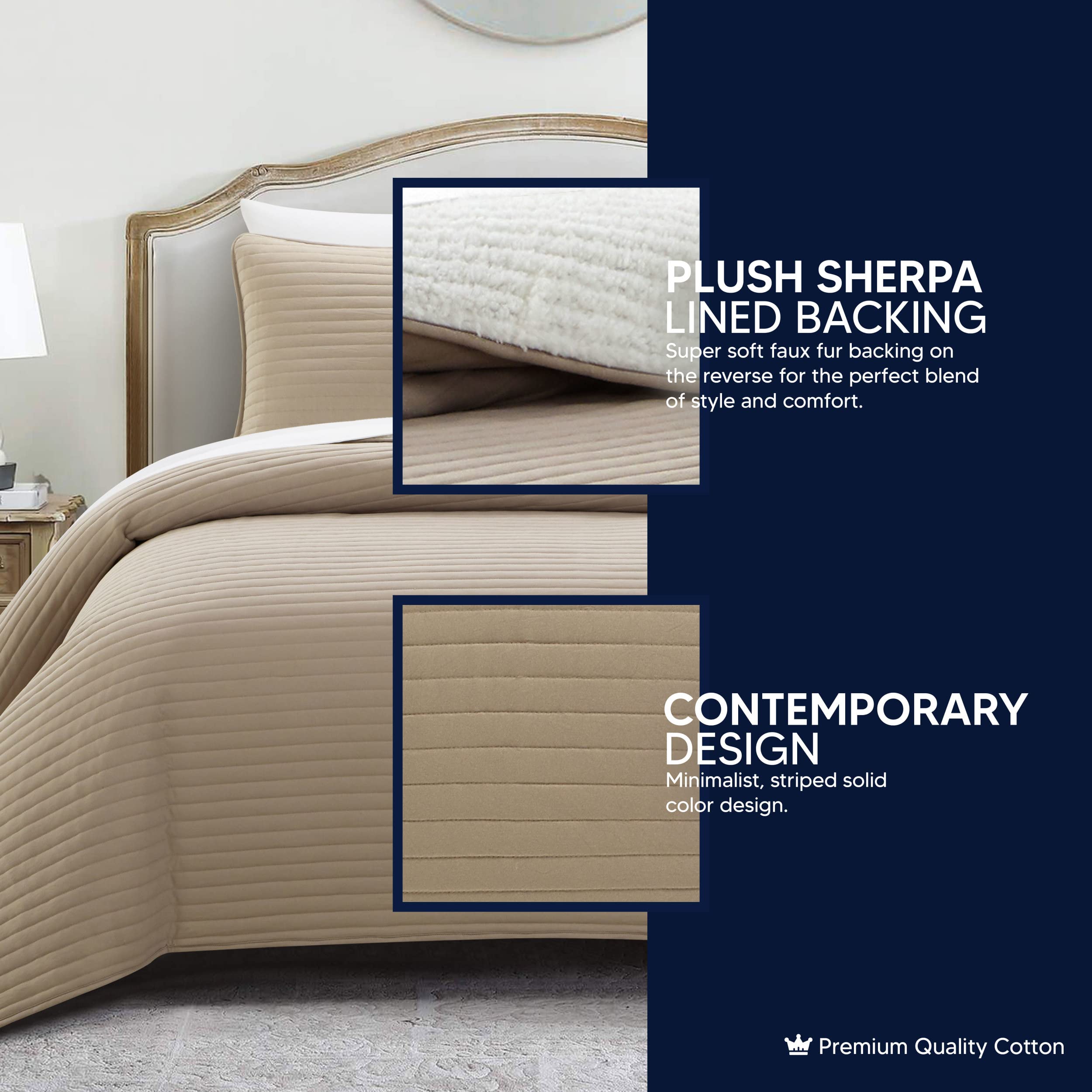 Chic Home St Paul 3-Piece Quilt Set - Contemporary Striped Sherpa-Lined Bedding with Pillow Shams | King Size Taupe | Cozy Winter Bedroom Upgrade for Master & Guest Rooms