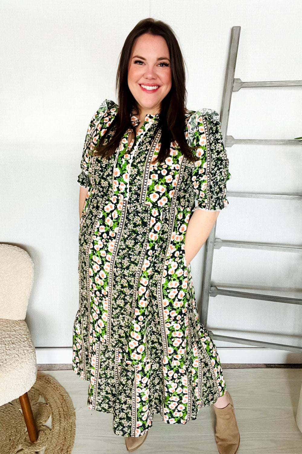 Elegant Black & Green Ruffled Notch Neck Babydoll Smocked Midi Dress for Women | Flowy Summer Dress for Date Night, Garden Party & Special Occasions