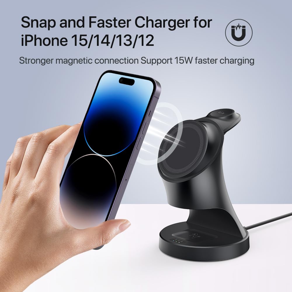 3-in-1 Magnetic Wireless Charging Station for iPhone 16/15/14/13/12 Pro Max & Apple Watch 9/8/7/6/5 & AirPods 3/2/Pro - Fast 15W Magsafe Charger with LED Display - Perfect for Bedside, Office & Travel Charging