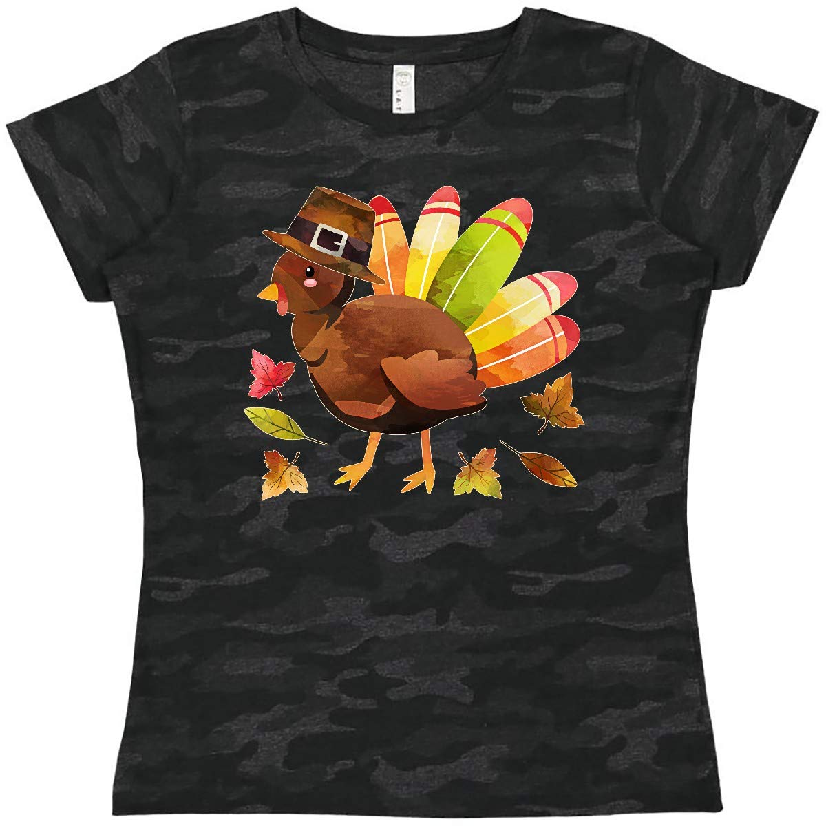Inktastic Cute Thanksgiving Turkey in Pilgrim Hat Women's T-Shirt - Funny Holiday Graphic Tee for Women, Fall Festival & Family Gathering Outfit