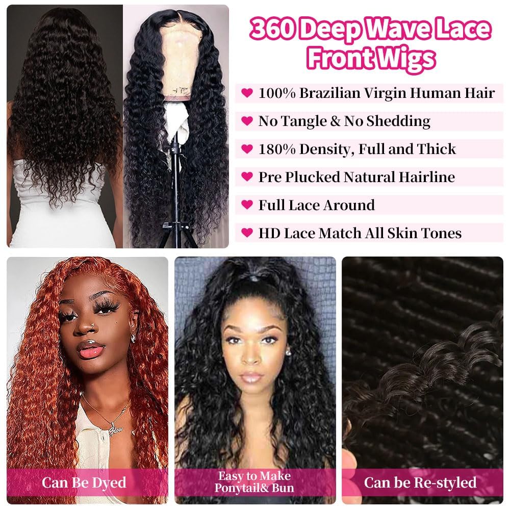 360 Water Wave Lace Front Wigs Human Hair 180% Density 22 Inch Deep Wave Lace Frontal Wig for Black Women - Pre Plucked with Baby Hair Natural Color - Perfect for Daily Wear, Parties & Special Occasions
