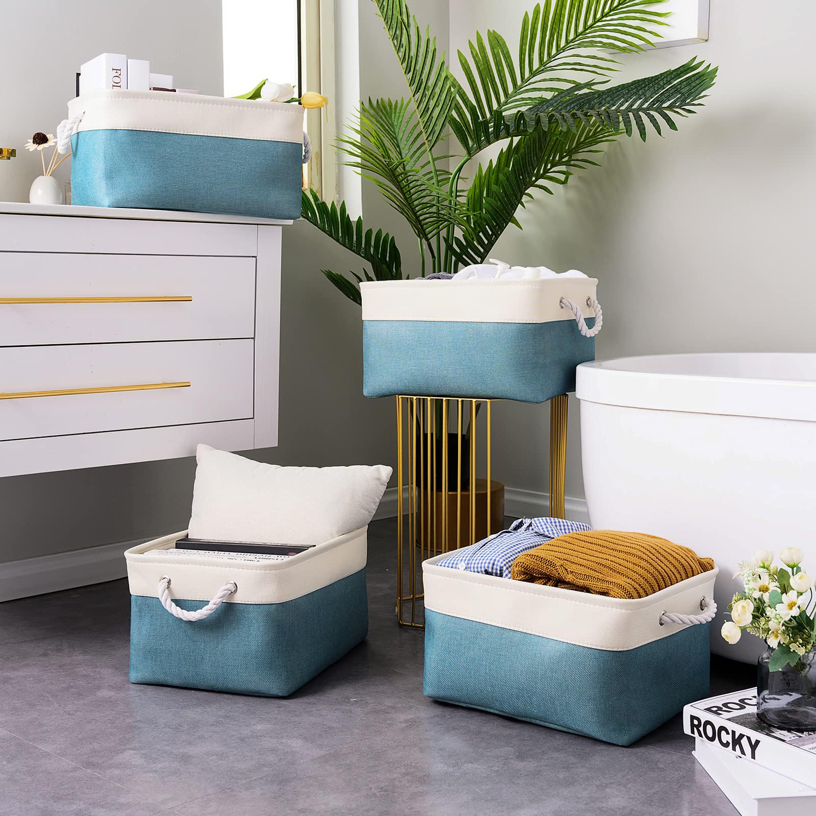 TcaFmac 4-Pack Large Fabric Storage Bins & Collapsible Baskets with Rope Handles - 16x12x8 Inch Organizer for Shelves, Closet, Toys (White & Green) | Perfect for Home Organization, Nursery, and Office Storage