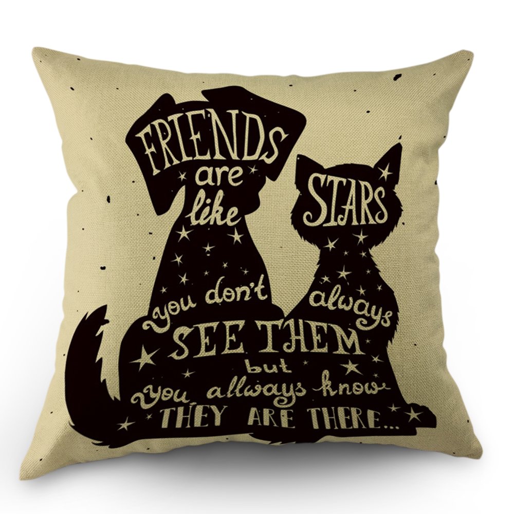 Best Friend Quote Pillow Cover 18x18 Inch - Black Dog & Cat Design with 'Friends Are Like Stars' Quote - Cotton Linen Throw Pillow Case for Sofa, Bed, Couch - Perfect Gift for Men & Women (Black/White)