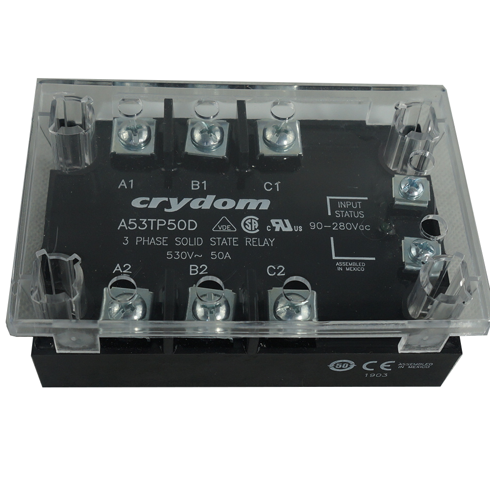 3 Phase Solid State Relay A53TP50D + KS300 - 50A, 90-280VAC Control, 48-530VAC Load with LED Status Indicator & Cover - Perfect for Industrial Automation, HVAC Systems & Motor Control