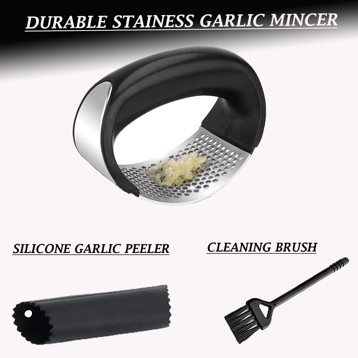 Stainless Steel Garlic Press Set with Peeler & Brush - for Cooking & Baking