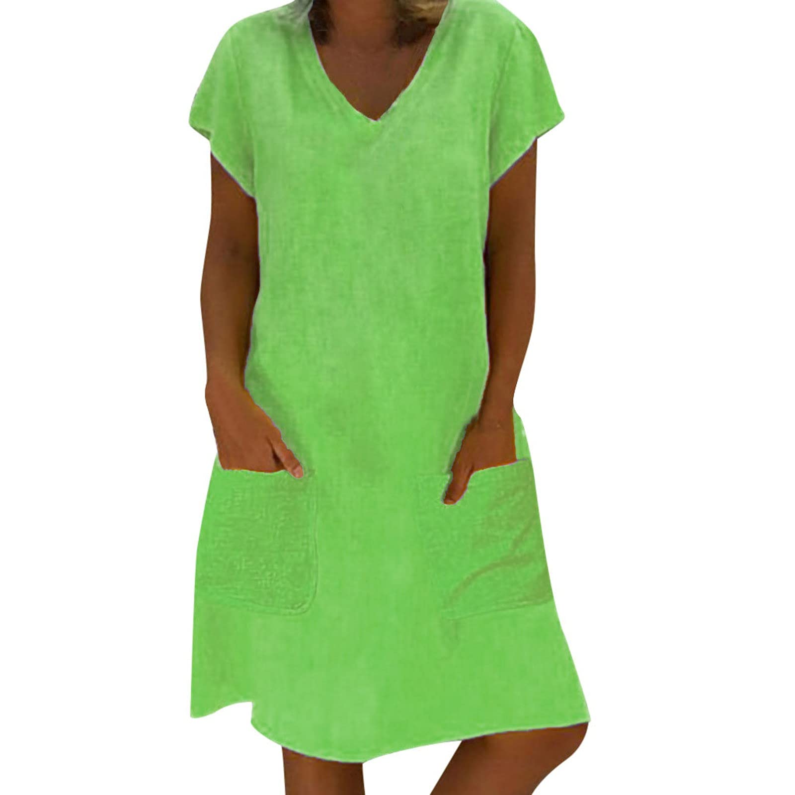 ETHKIA Women's Sexy V-Neck Short Sleeve Solid Color Dress with Pocket - Summer Casual Party Wear, Beach Outfit & Date Night Dress