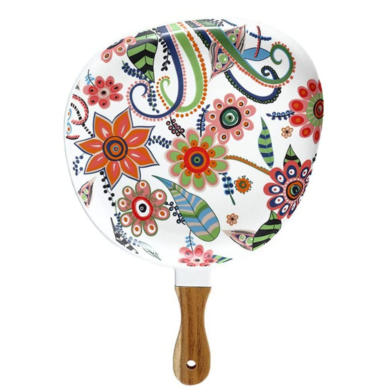Floral Ceramic Serving Tray with Wooden Handle - Elegant Steak Plate Set for Home Decor, Tableware, Party Serving, Dessert & Salad Dishes - Perfect for Dining, Entertaining and Gift Giving