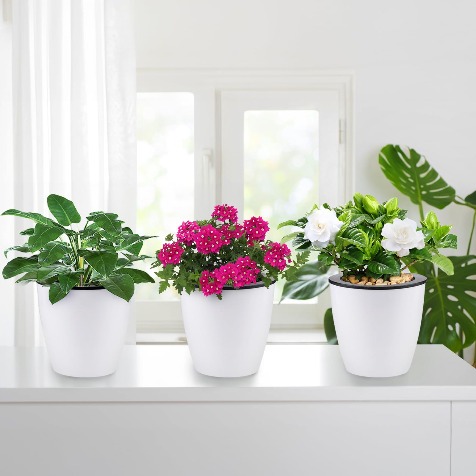 Jucoan 9 Pack Self Watering Wall Hanging Planters - 5 Inch White Plastic Indoor Flower Pots with 9 Hooks for Cactus, Succulents & Small Plants - Perfect for Garden Fence, Porch, Wall Decor & Indoor Greenery