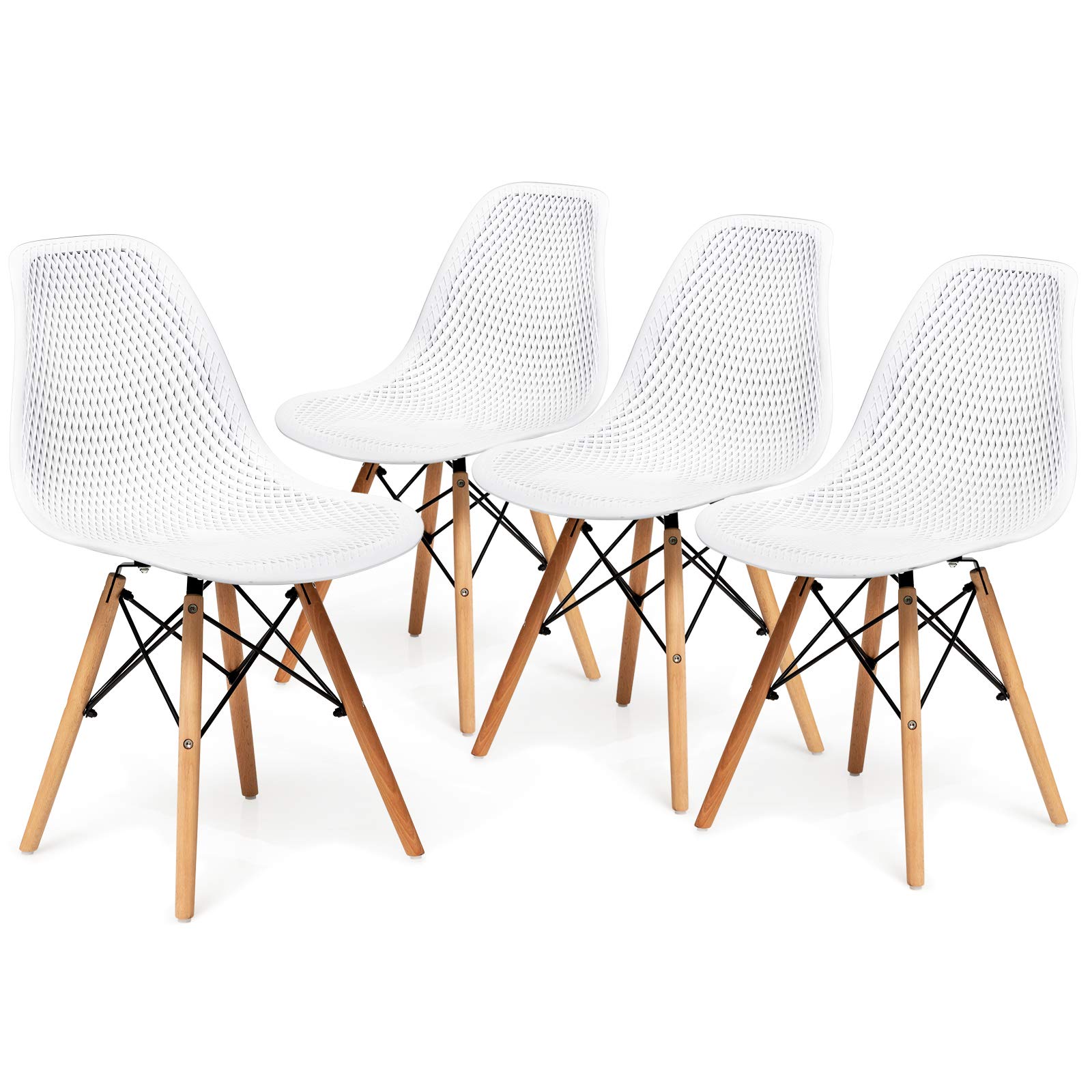 Giantex Set of 4 Modern Dining Chairs - Indoor/Outdoor Shell PP Lounge Side Chairs with Breathable Mesh Design & Sturdy Beech Wood Legs, Tulip-Style Leisure Chairs for Kitchen, Dining Room, Patio, or Office - White